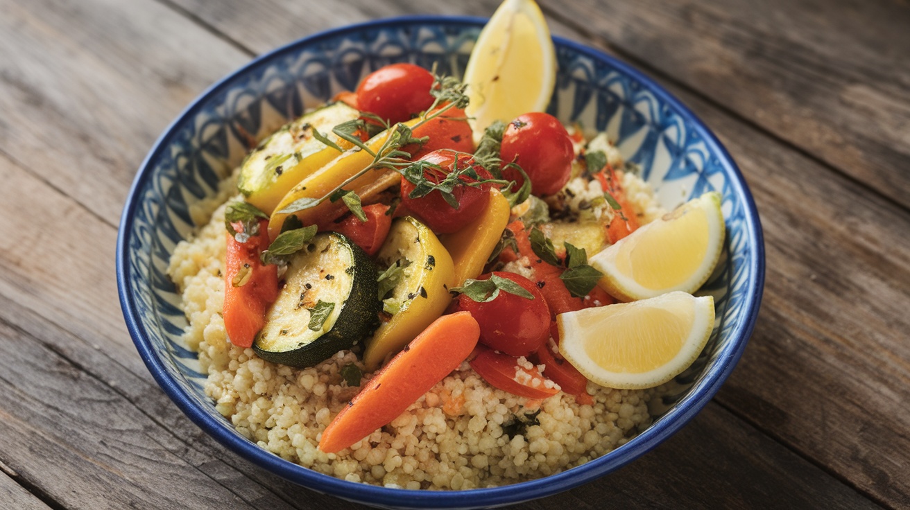 Flavorful Vegan Moroccan Couscous Bowl Vegan Moroccan Couscous Bowl with roasted vegetables and fresh herbs on a wooden table with lemon wedges.