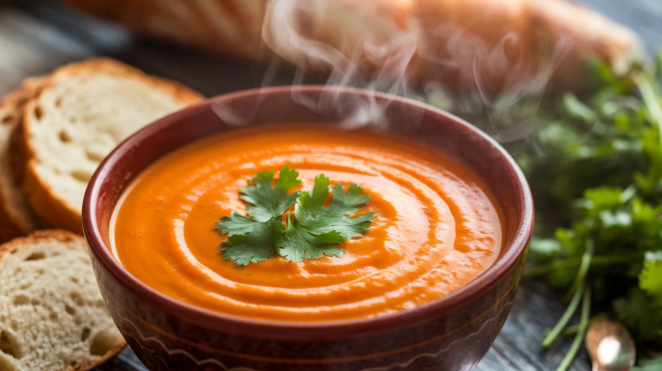 Smooth and Savory Vegan Carrot Ginger Soup A bowl of Vegan Carrot Ginger Soup garnished with cilantro, with sliced bread on a rustic table.