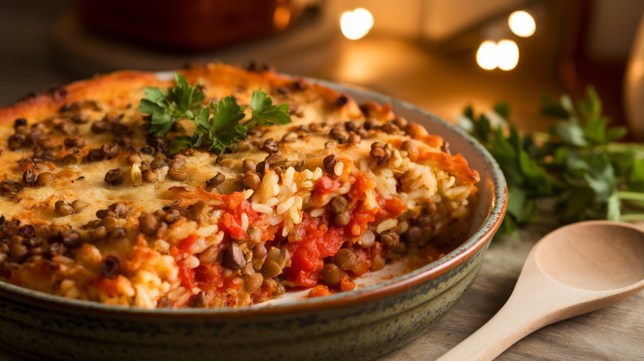 Hearty Vegan Lentil and Tomato Rice Casserole A hearty vegan casserole filled with lentils, tomatoes, and rice, garnished with parsley, in a rustic dish on a wooden table.