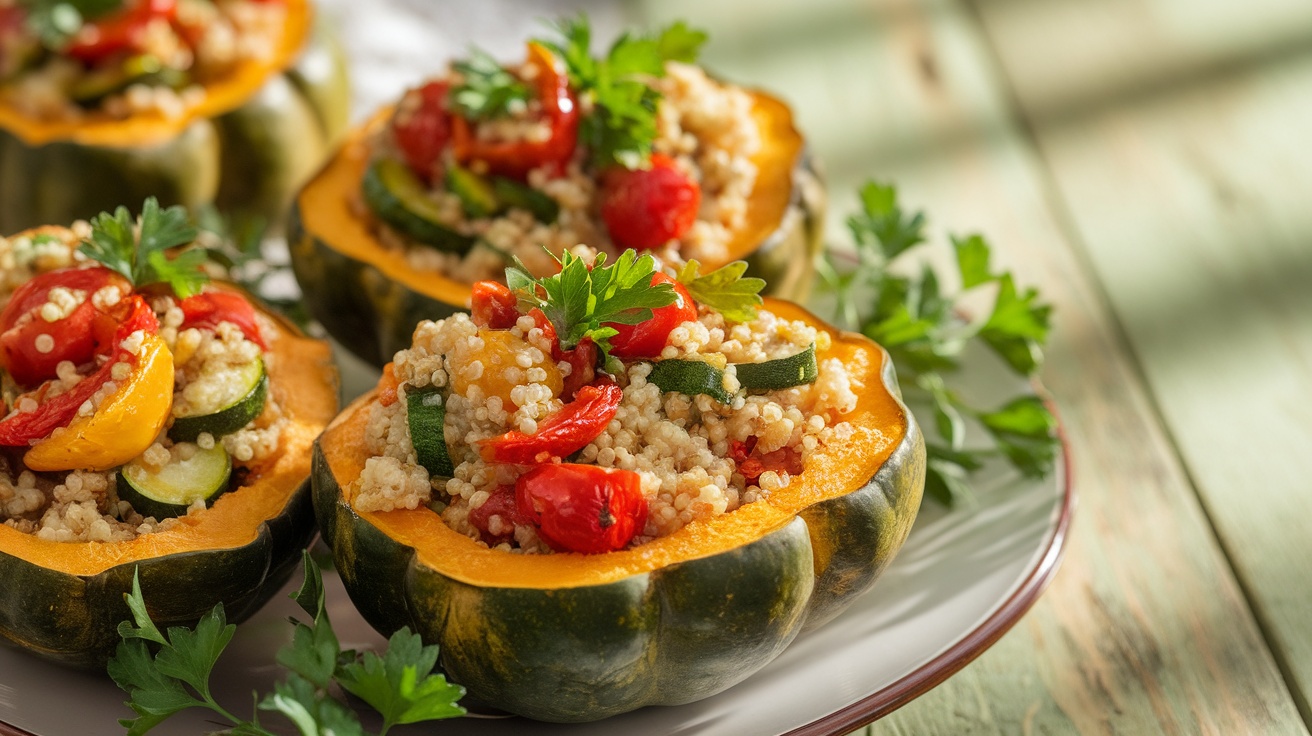 Savory Vegan Roasted Veggie and Quinoa Stuffed Acorn Squash A plate with roasted acorn squash filled with a colorful quinoa and vegetable mixture, garnished with parsley.