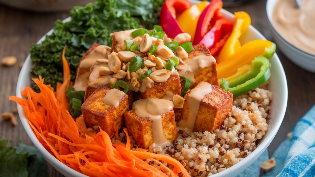Vibrant Vegan Peanut Tofu Buddha Bowl A colorful Vegan Peanut Tofu Buddha Bowl with crispy tofu, quinoa, fresh vegetables, and peanut sauce on a wooden table.