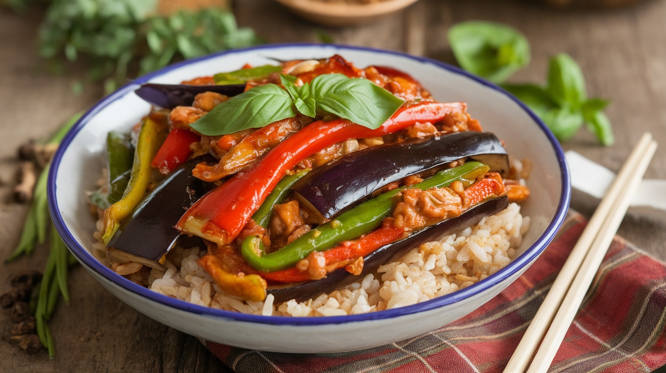 Flavorful Vegan Thai Basil Eggplant Stir-Fry Vegan Thai Basil Eggplant Stir-Fry with eggplant, bell peppers, and fresh basil served over rice.