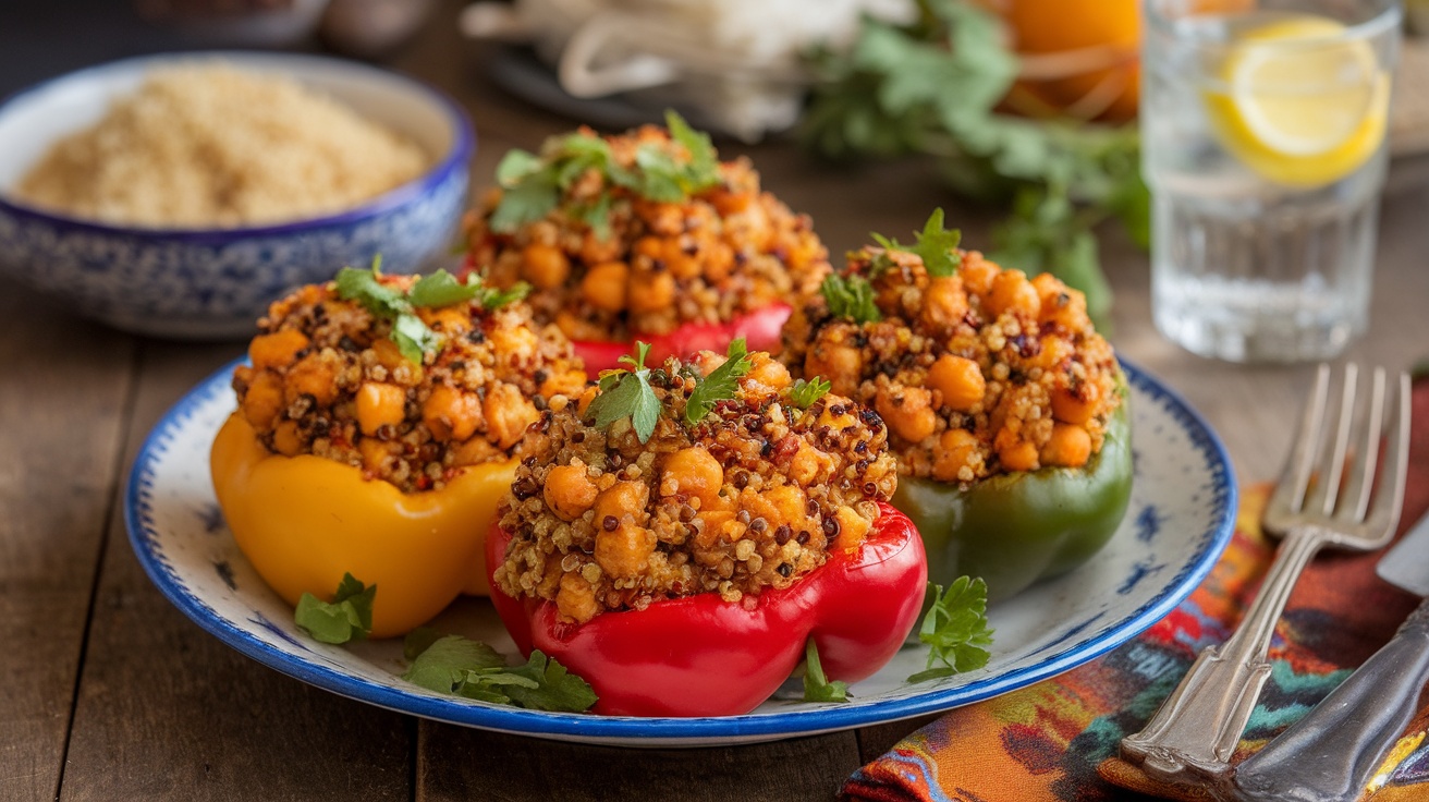 Vegan Moroccan-Spiced Quinoa Stuffed Peppers Vegan stuffed peppers filled with spiced quinoa and chickpeas, garnished with parsley, on a wooden table.