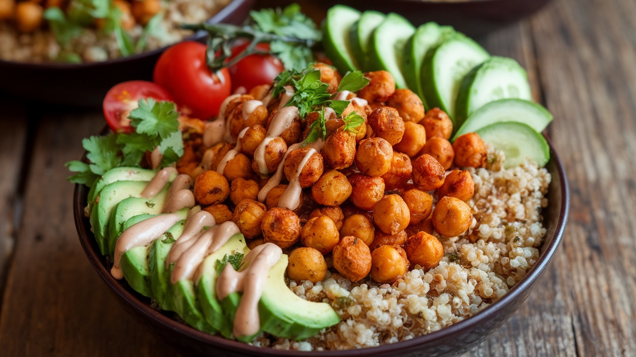 Spicy Vegan Harissa Chickpea Bowl Recipe Vegan Harissa Chickpea Bowl with roasted chickpeas, tomatoes, cucumber, and avocado on quinoa, garnished with tahini dressing and fresh herbs.