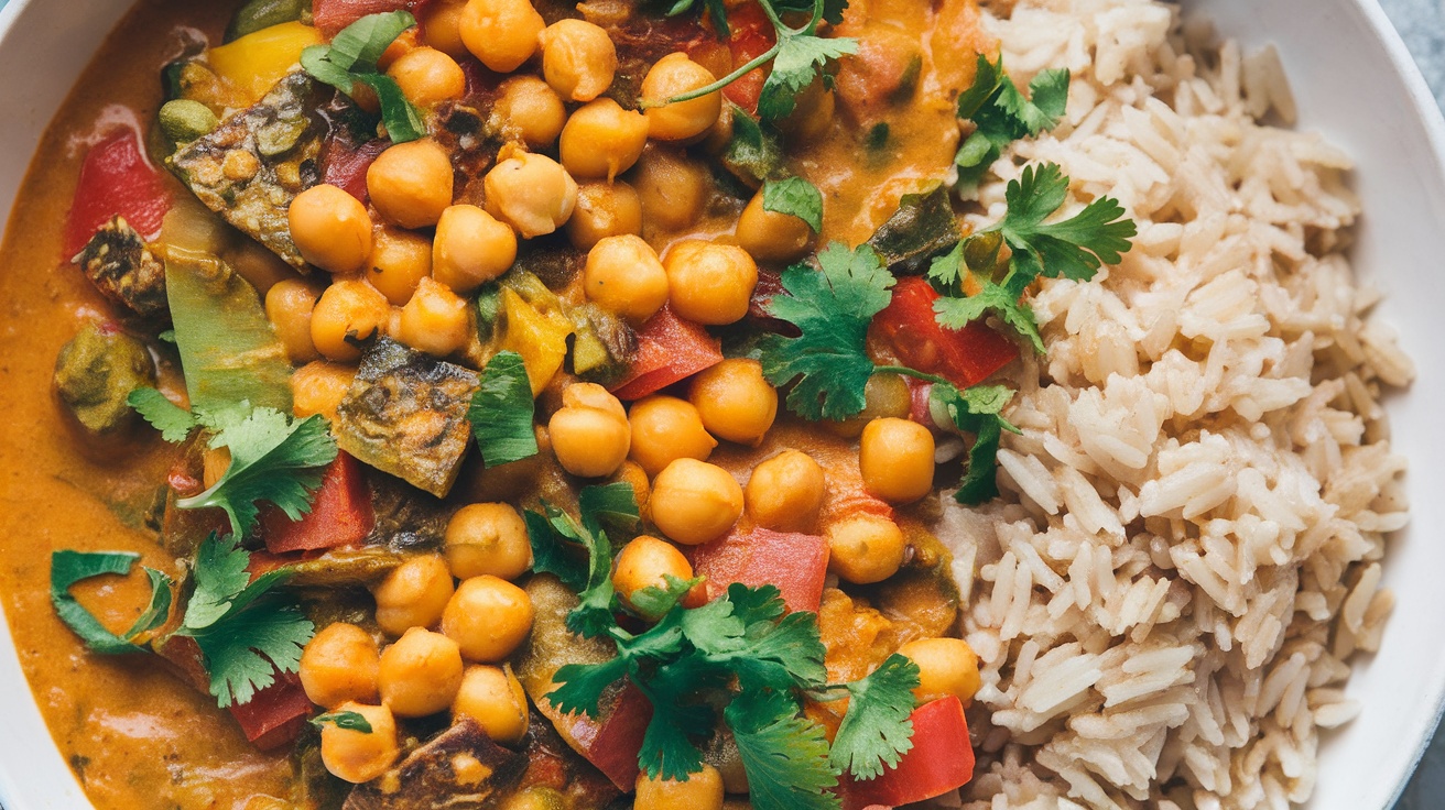 Delicious Vegan Chickpea Korma Recipe A bowl of Vegan Chickpea Korma with chickpeas, vegetables in coconut sauce, garnished with cilantro, served with rice.