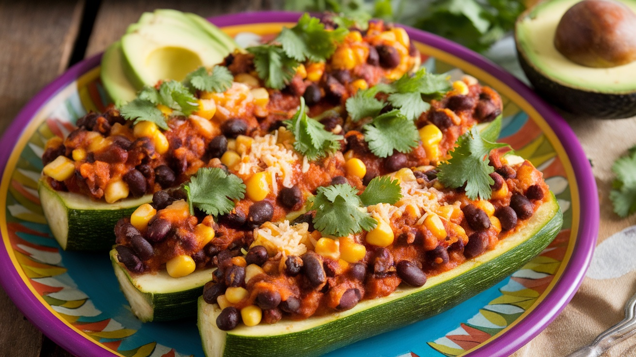 Delicious Vegan Enchilada Stuffed Zucchini Vegan Enchilada Stuffed Zucchini filled with black beans and corn, garnished with cilantro and avocado.