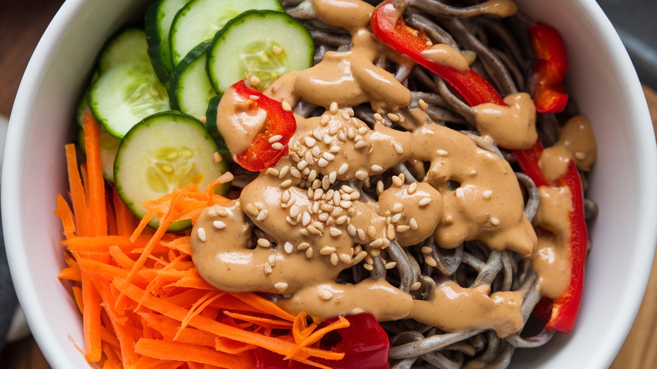 Vegan Sesame Peanut Soba Bowl Recipe A colorful Vegan Sesame Peanut Soba Bowl with soba noodles, mixed vegetables, and sesame seeds.