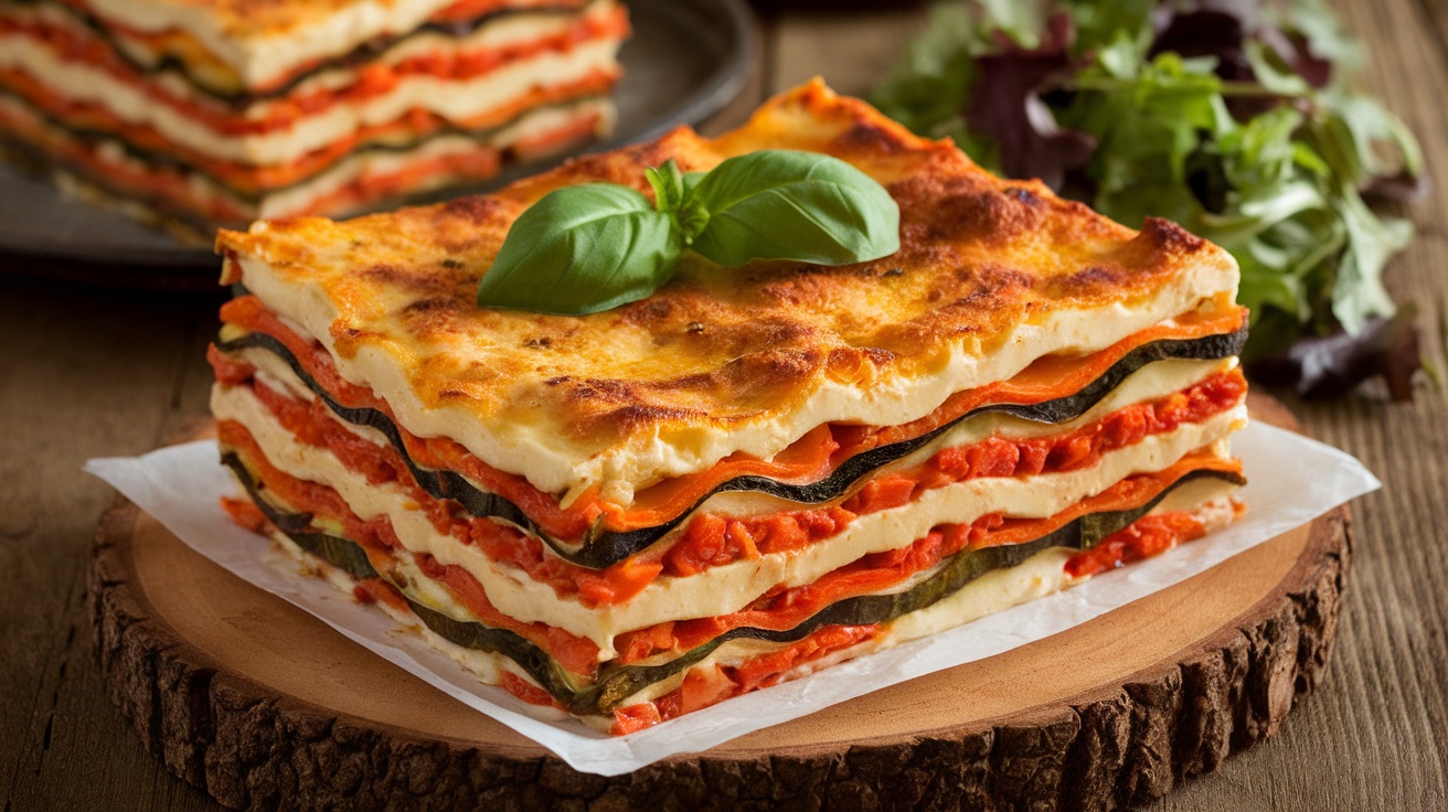 Delicious Vegan Roasted Vegetable Lasagna Recipe Slice of Vegan Roasted Vegetable Lasagna layered with colorful vegetables, garnished with basil, on a rustic table.