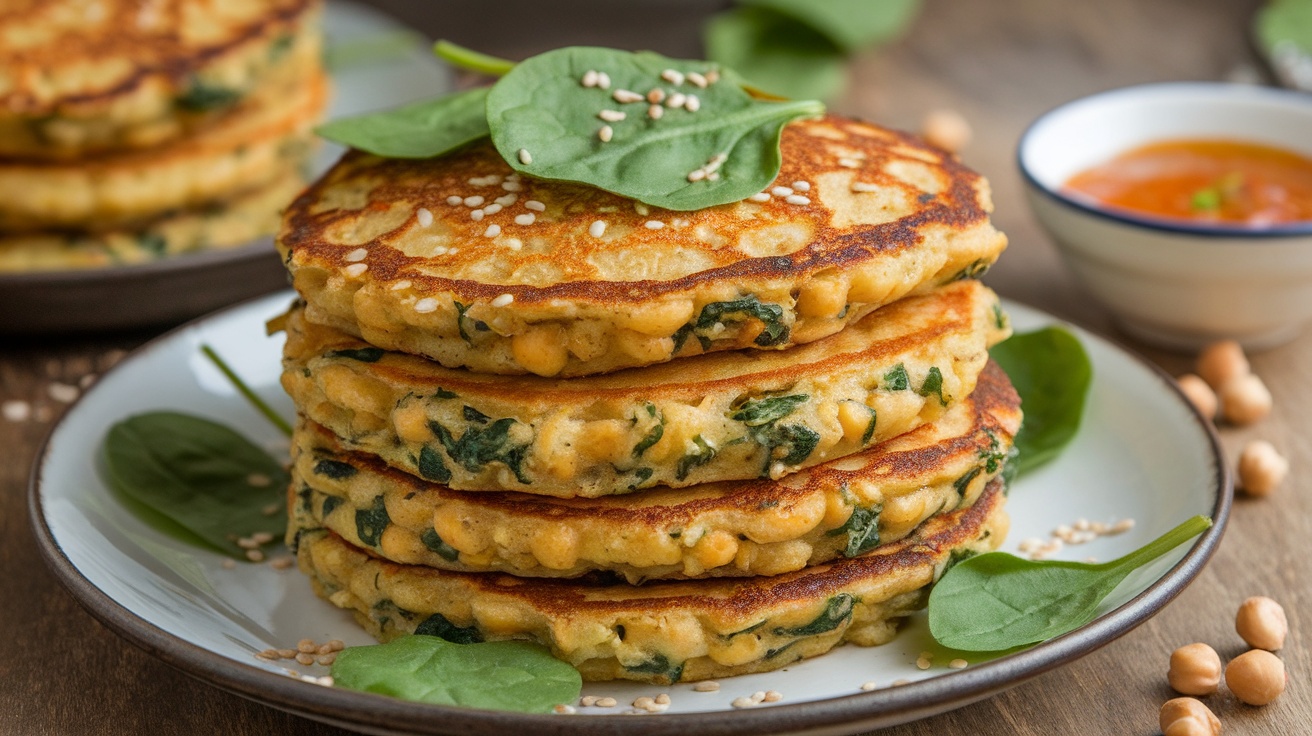 Delicious Vegan Spinach and Chickpea Pancakes A delicious stack of Vegan Spinach and Chickpea Pancakes served with fresh spinach and sauce on a rustic wooden table.
