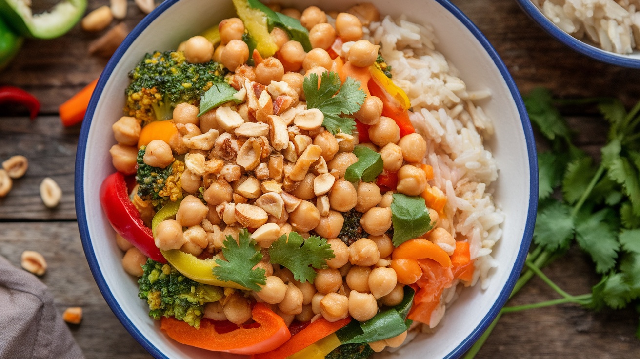 Delicious Vegan Peanut Coconut Chickpea Bowl Recipe A colorful vegan bowl with chickpeas, vegetables, and peanut coconut sauce, garnished with peanuts and cilantro.