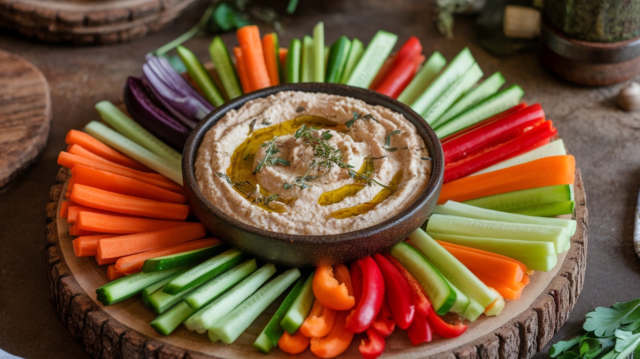 Delicious Vegan Smoky White Bean Dip Recipe A bowl of creamy vegan white bean dip with fresh herbs and vegetable sticks for dipping.