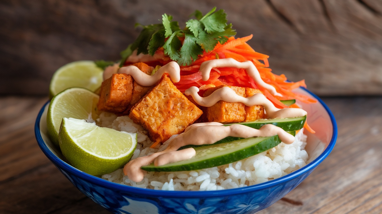 Delectable Vegan Banh Mi Rice Bowls Vegan Banh Mi Rice Bowl with tofu, pickled vegetables, rice, and cilantro on a rustic wooden table.