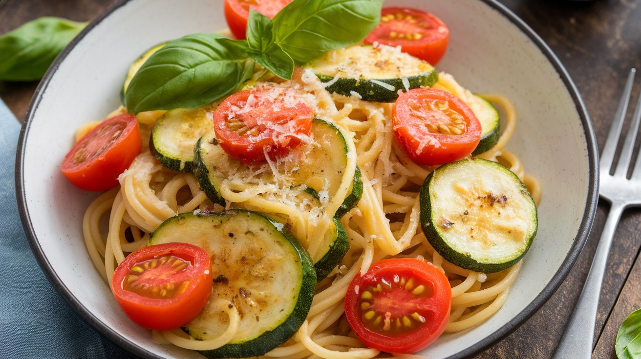 Delicious Vegan Zucchini and Tomato Pasta Vegan Zucchini and Tomato Pasta with zucchini, tomatoes, and basil, served in a bowl on a rustic table.