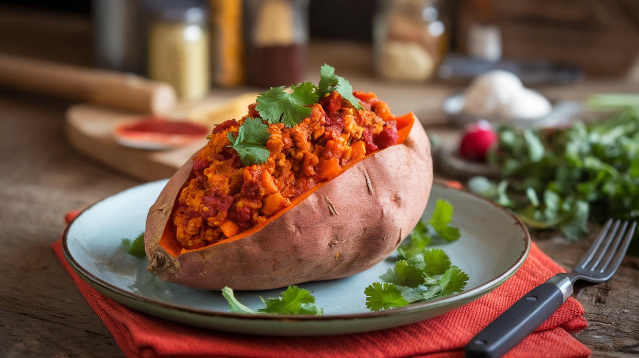 Vegan Chili-Stuffed Sweet Potatoes Recipe A vegan stuffed sweet potato filled with chili mixture, garnished with cilantro, on a wooden table.