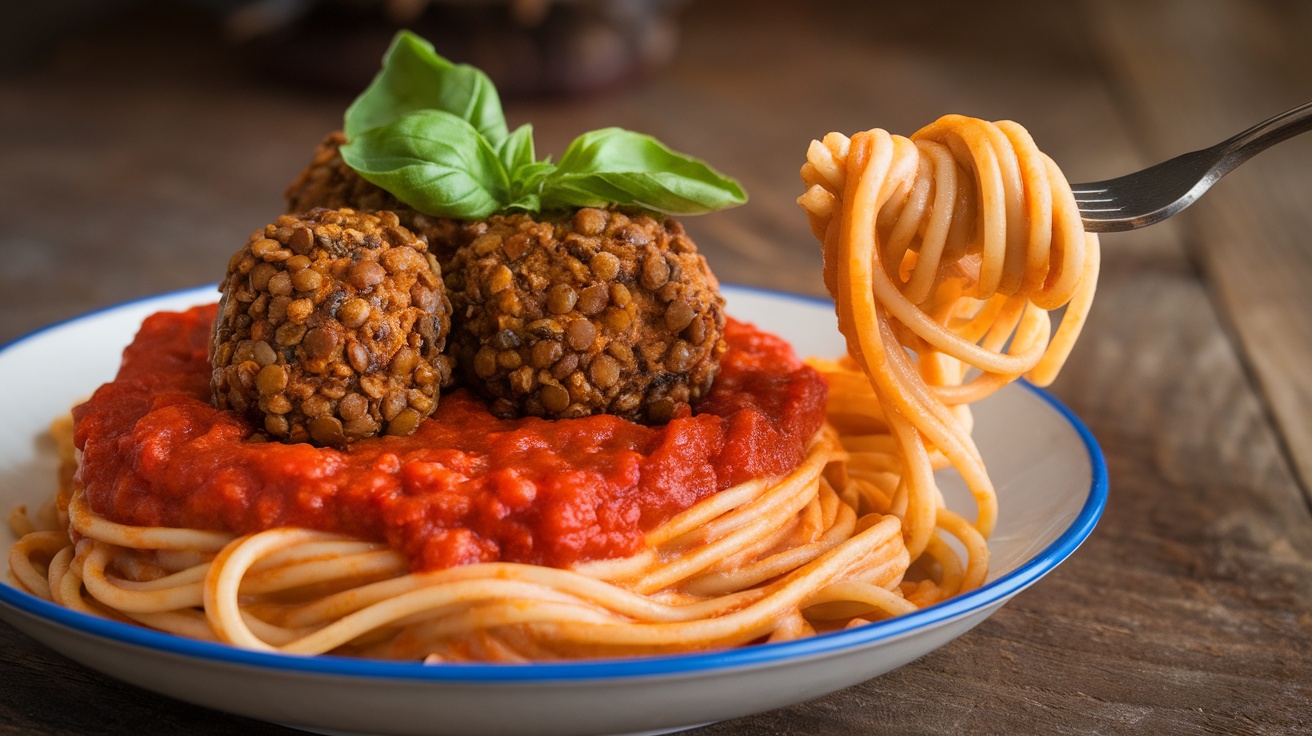 Vegan Spaghetti with Flavorful Lentil Balls Vegan spaghetti with lentil balls in marinara sauce, garnished with fresh basil leaves, served on a rustic table.