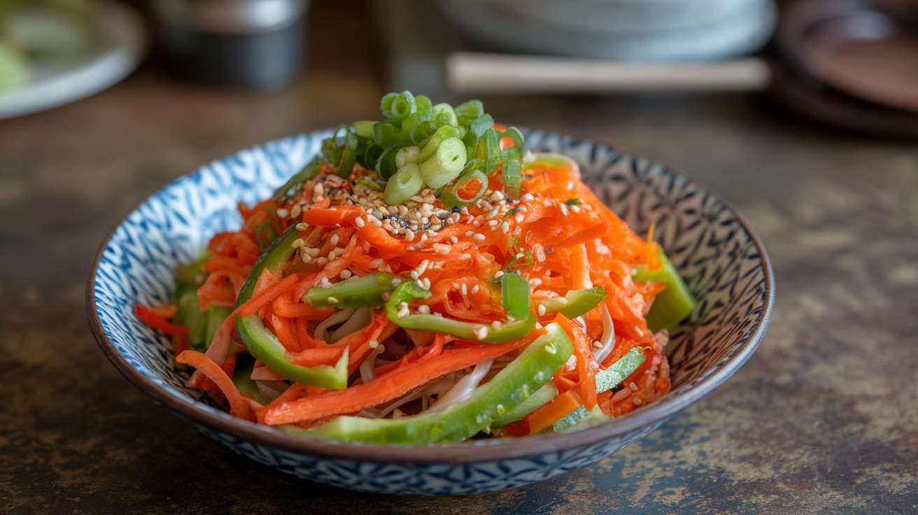 Chilled Vegan Sesame Noodle Salad with Crunchy Vegetables A colorful Vegan Sesame Noodle Salad with noodles, carrots, bell peppers, and sesame seeds in a rustic bowl.