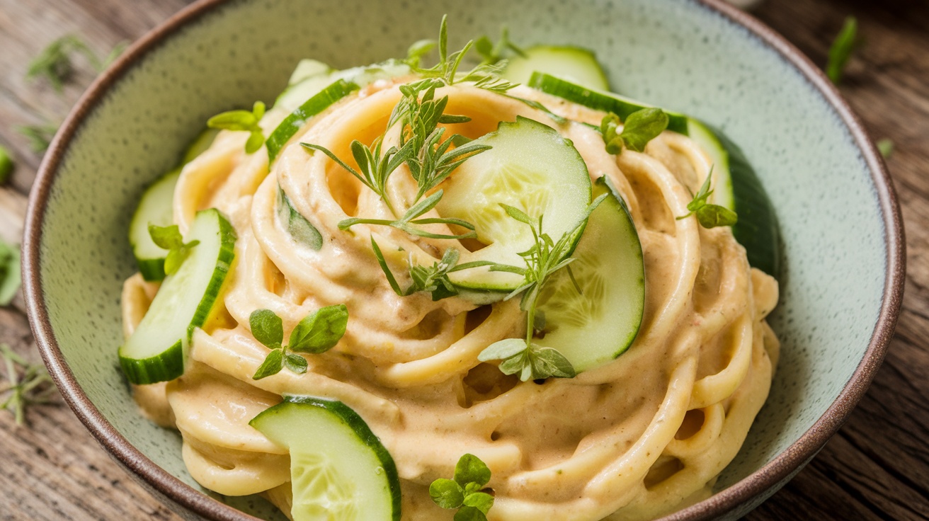 A serving of Vegan Creamy Cucumber Pasta with cucumbers and herbs on a wooden table.