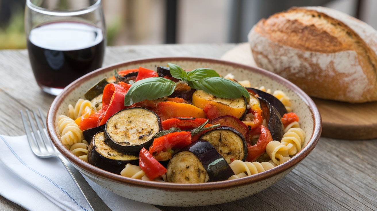 Vegan Ratatouille Pasta Delight A bowl of Vegan Ratatouille Pasta with roasted vegetables, garnished with basil, on a wooden table with wine and bread.