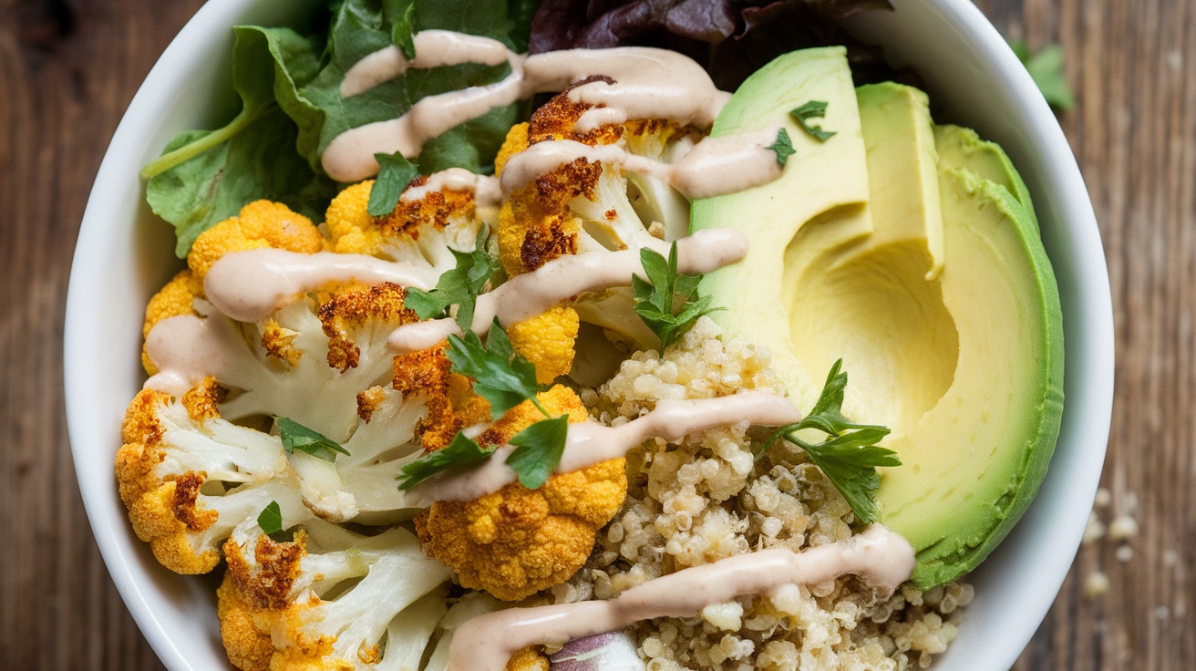 Flavorful Vegan Roasted Cauliflower Grain Bowl A colorful Vegan Roasted Cauliflower Grain Bowl with quinoa, greens, avocado, and tahini dressing.