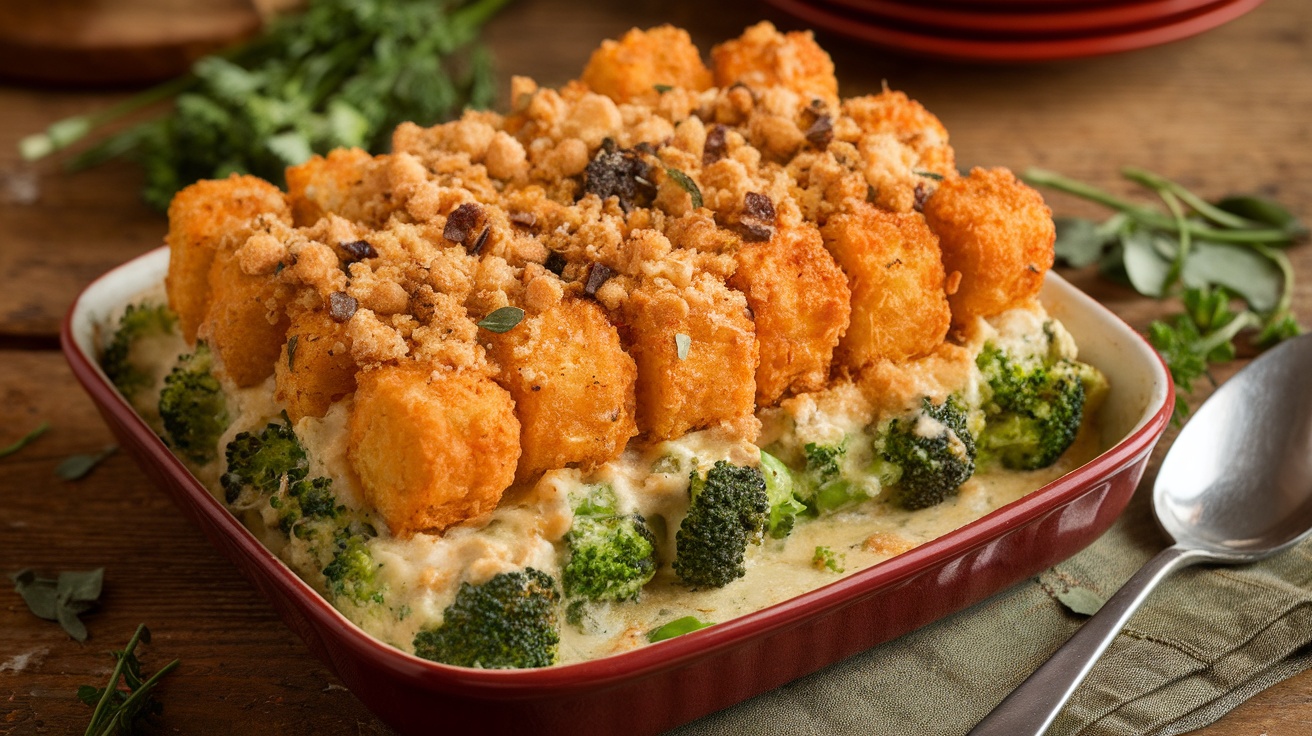 Vegan Broccoli Tater Tot Casserole Delight Vegan Broccoli Tater Tot Casserole with crispy tater tots on top, green broccoli, and creamy sauce in a rustic dish.