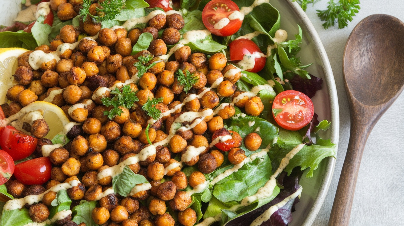 Delicious Vegan Garlic Roasted Chickpea Salad A colorful vegan salad with roasted chickpeas, cherry tomatoes, cucumber, and greens, garnished with parsley.