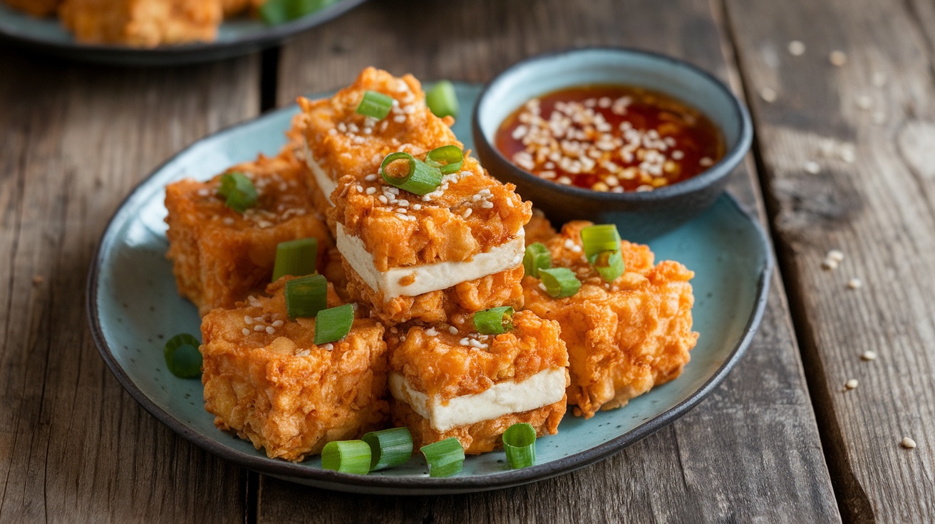 Crispy Vegan Tofu Bites with Tangy Dipping Sauce A plate of crispy tofu bites with dipping sauce, garnished with green onions and sesame seeds.