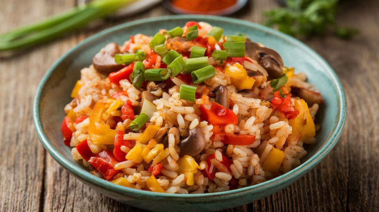 Savory Vegan Cajun Dirty Rice Recipe A colorful bowl of Vegan Cajun Dirty Rice with bell peppers, onions, and spices, garnished with green onions, on a rustic table.