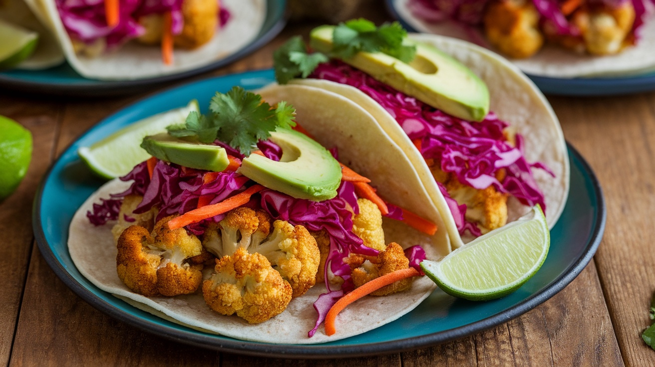 Plate of Vegan BBQ Cauliflower Tacos with slaw and avocado, garnished with lime wedges.
