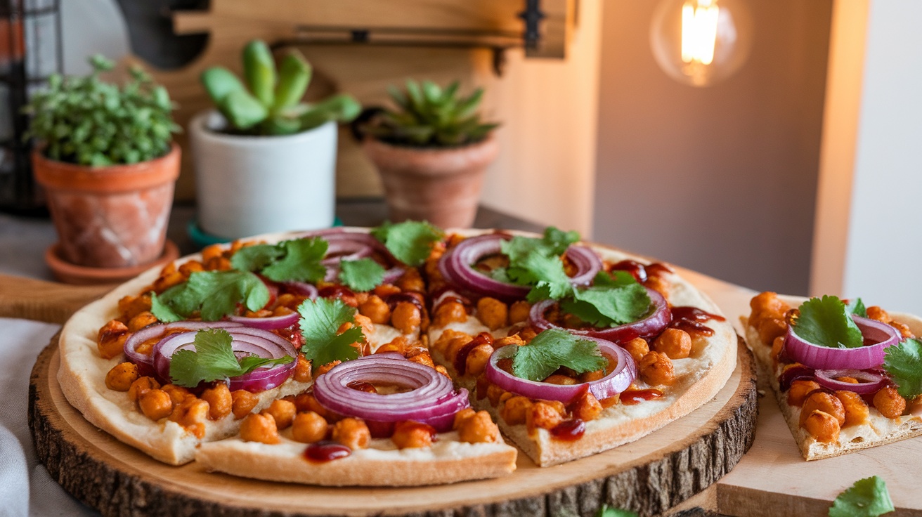 Vegan BBQ chickpea pizza with red onions on a wooden board, garnished with cilantro.