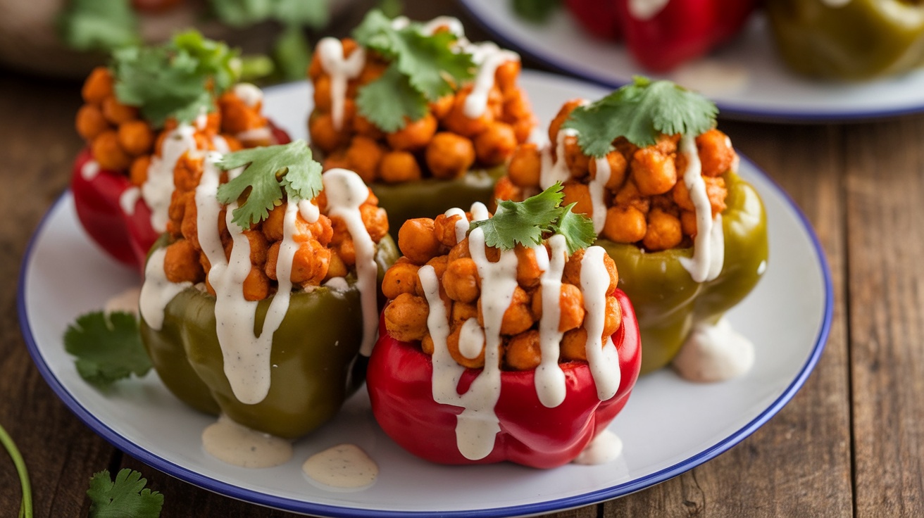 A plate of stuffed bell peppers filled with chickpeas and Buffalo sauce, garnished with herbs, on a wooden table.