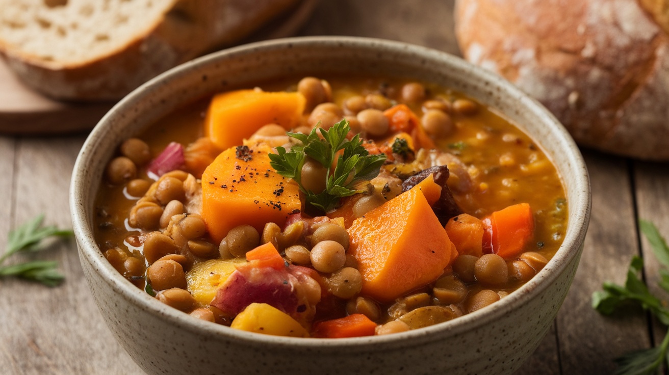 A hearty bowl of vegan stew with butternut squash, lentils, and vegetables, garnished with parsley, on a rustic wooden table next to bread.