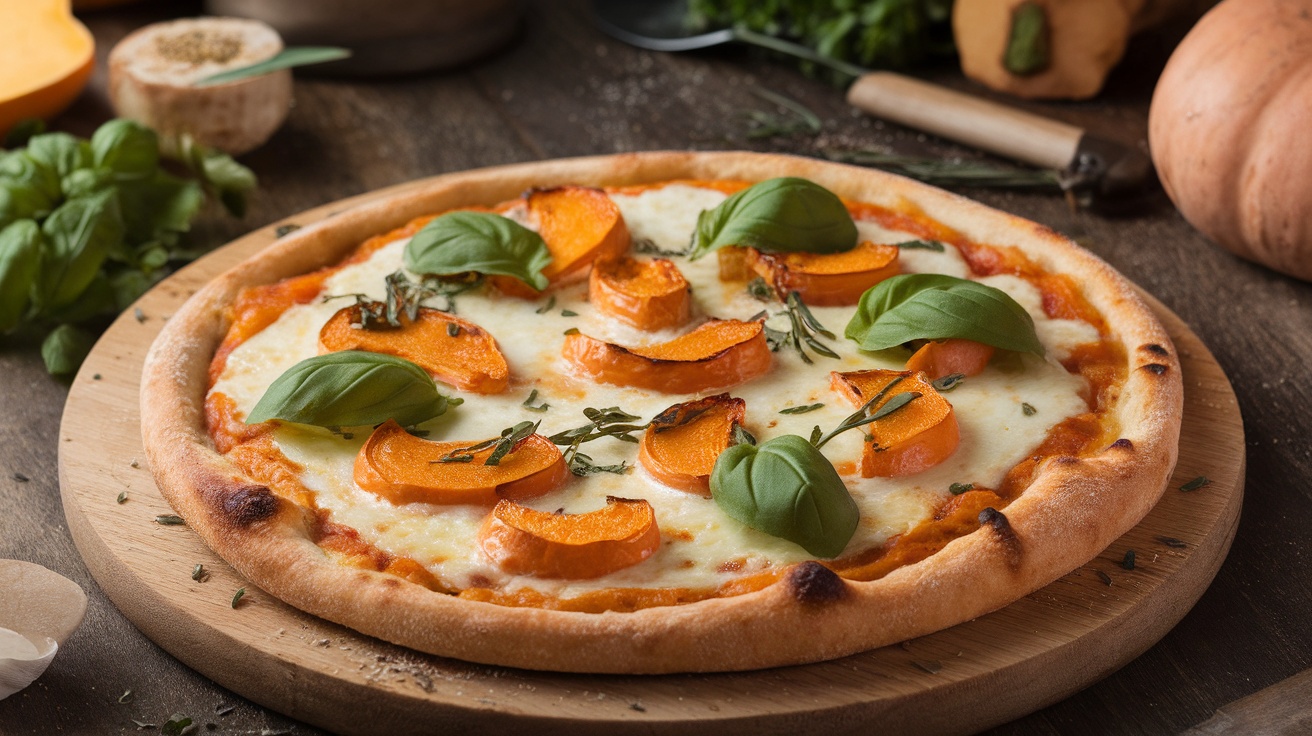 Savory Vegan Butternut Squash Pizza Recipe A Vegan Butternut Squash Pizza topped with roasted squash, vegan cheese, and basil on a rustic wooden board.