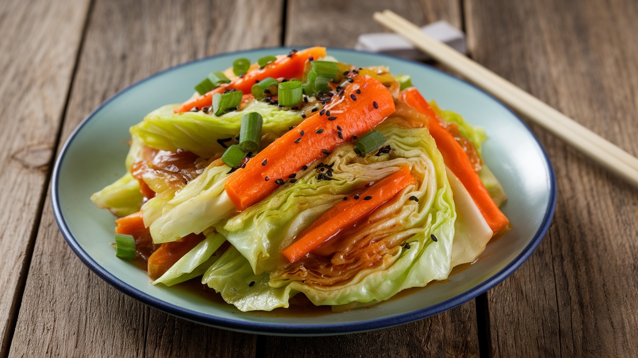 Quick and Flavorful Vegan Cabbage and Carrot Stir-Fry A colorful vegan stir-fry with cabbage and carrots, garnished with sesame seeds and green onions on a wooden table.