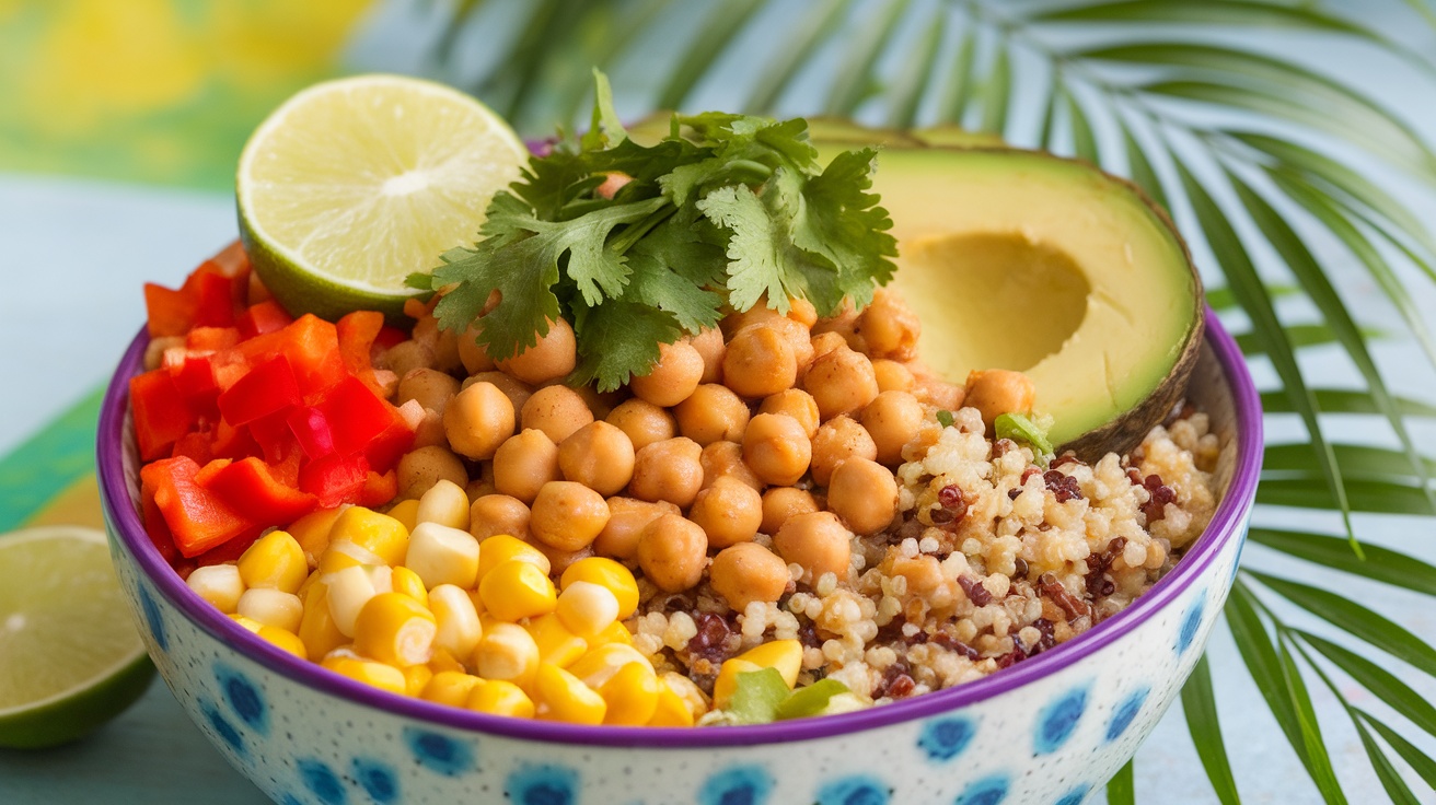 Vibrant Vegan Caribbean Chickpea Bowl A colorful Vegan Caribbean Chickpea Bowl with quinoa, chickpeas, bell peppers, corn, and avocado, garnished with cilantro and lime.