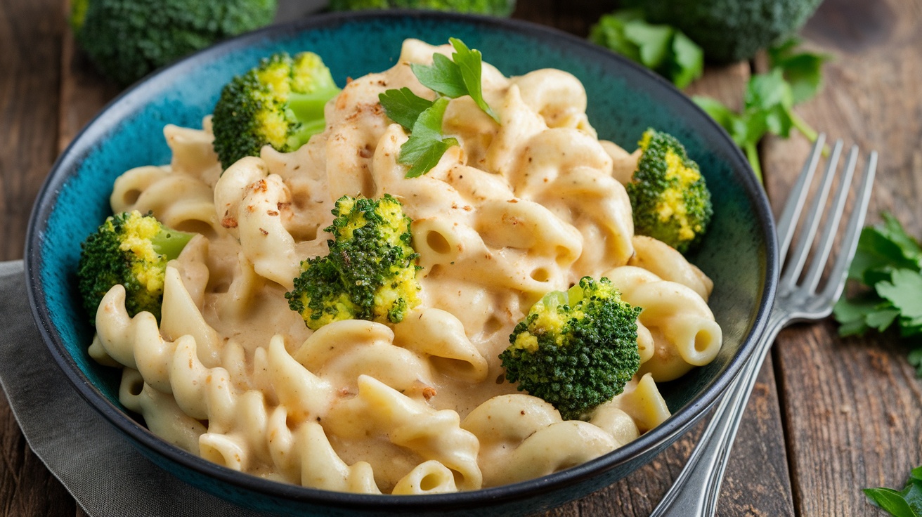 Creamy Vegan Cashew Alfredo with Broccoli A bowl of Vegan Cashew Alfredo with Broccoli, showcasing pasta in creamy sauce with broccoli, garnished with parsley, on a rustic table.