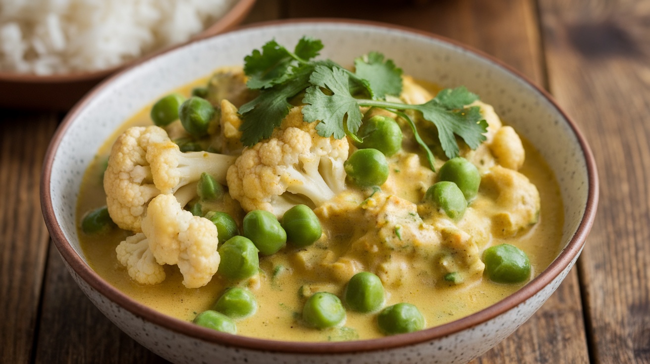 Creamy Vegan Cauliflower and Green Pea Curry A delicious Vegan Cauliflower and Green Pea Curry in a bowl, garnished with cilantro, alongside a serving of rice.