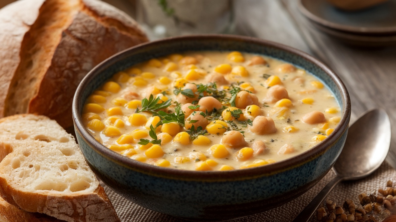 Creamy Vegan Corn and Chickpea Chowder Creamy Vegan Corn and Chickpea Chowder with corn, chickpeas, and parsley on a wooden table.