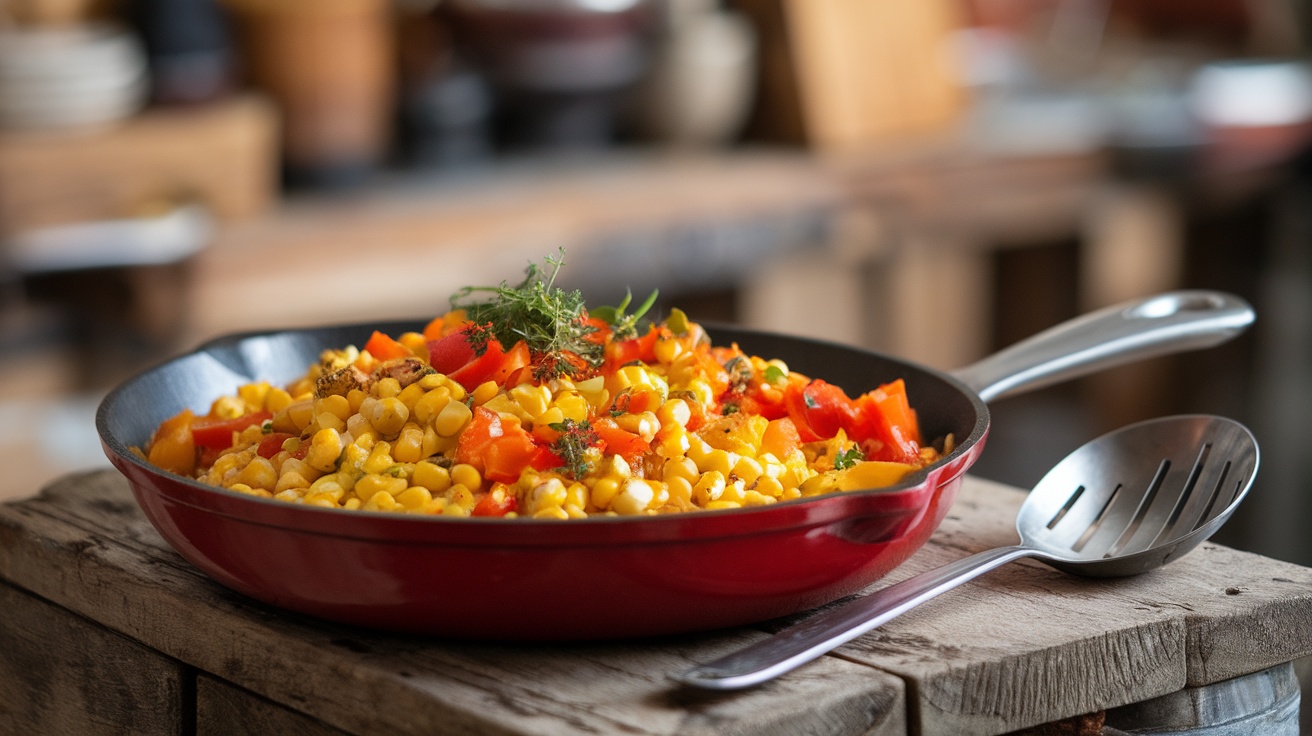 A colorful corn and pepper skillet, garnished with herbs, on a rustic table.