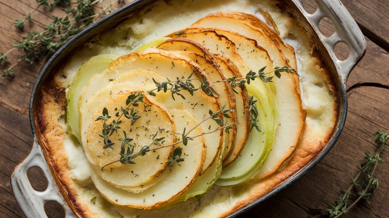 Vegan Creamy Leek and Potato Gratin Vegan Creamy Leek and Potato Gratin in a rustic dish, garnished with herbs, on a wooden table.