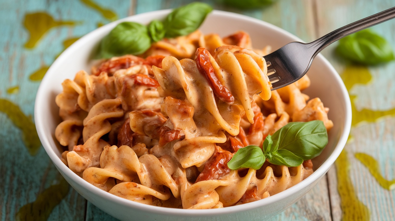 A bowl of Vegan Creamy Sun-Dried Tomato Pasta garnished with fresh basil on a rustic wooden table.