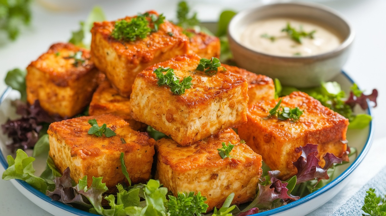 Savory Vegan Garlic Butter Tofu Bites A vibrant plate of crispy Vegan Garlic Butter Tofu Bites garnished with parsley, served with a colorful salad.