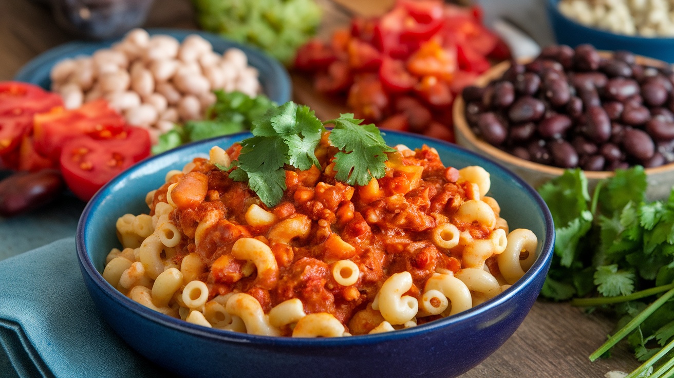 Spicy Vegan Jackfruit Chili Mac Recipe A bowl of Vegan Jackfruit Chili Mac with creamy pasta and spicy jackfruit chili garnished with cilantro.
