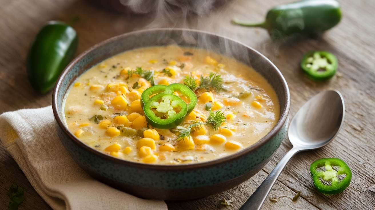 Spicy Vegan Jalapeño Corn Chowder Recipe A bowl of creamy Vegan Jalapeño Corn Chowder with corn and jalapeños, garnished with herbs, on a rustic table.