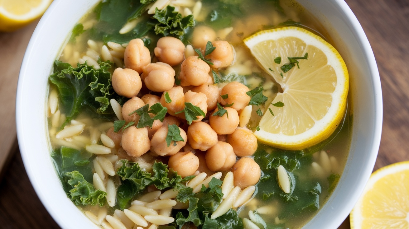 Zesty Vegan Lemon Chickpea Orzo Soup A bowl of Vegan Lemon Chickpea Orzo Soup with chickpeas, orzo, and kale, garnished with parsley and a lemon wedge, on a rustic wooden table.