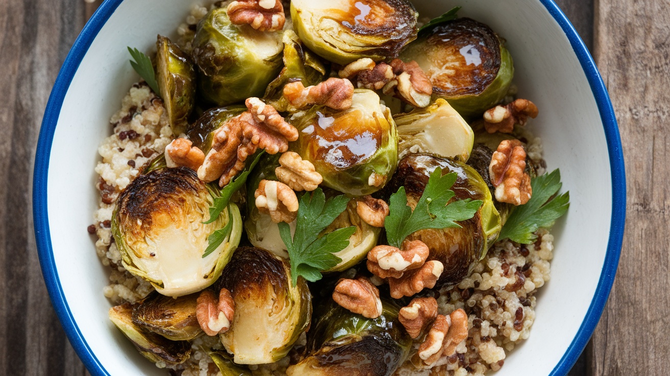 Savory Vegan Maple Glazed Brussels Sprouts Bowl A bowl filled with roasted Brussels sprouts, quinoa, nuts, and garnished with parsley, showcasing a healthy vegan meal.