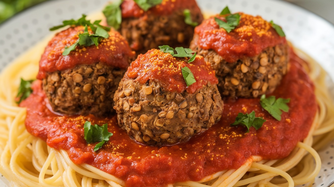 Savory Vegan Lentil Mushroom Meatballs Recipe Delicious Vegan Lentil Mushroom Meatballs served with marinara sauce over spaghetti, garnished with parsley.