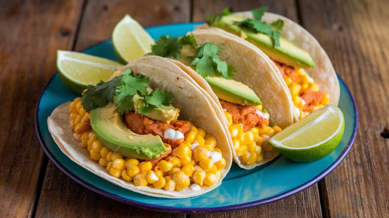 Vegan Mexican Street Corn Tacos Recipe Delicious Vegan Mexican Street Corn Tacos with corn, avocado, cilantro, and lime, served on a rustic wooden table.