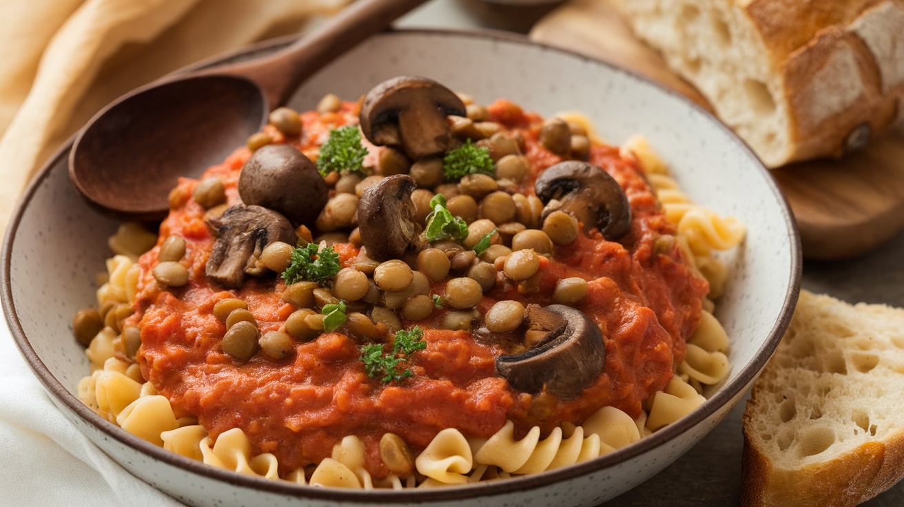Savory Vegan Mushroom and Lentil Ragu Vegan Mushroom and Lentil Ragu over pasta, garnished with parsley on a rustic table with bread.