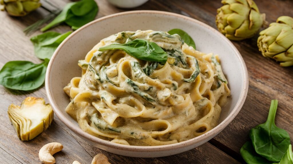 Vegan Creamy Spinach and Artichoke Pasta