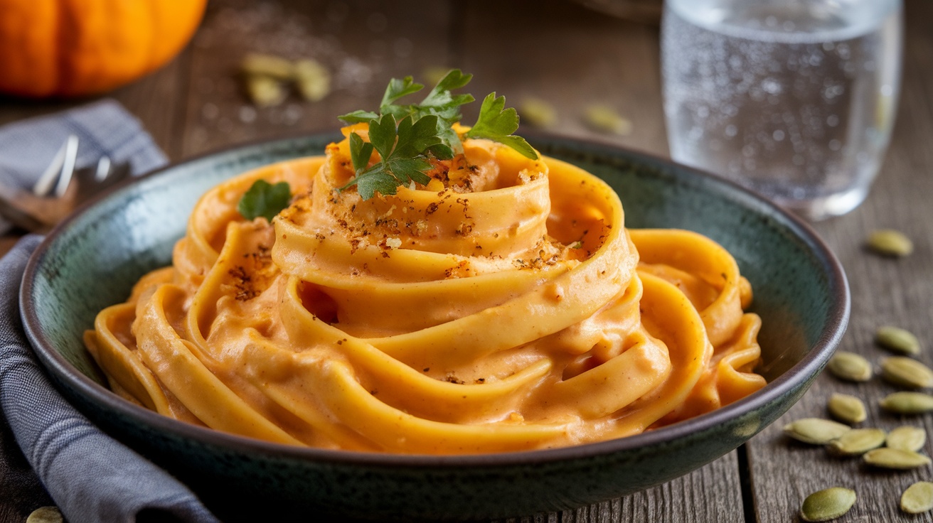 Creamy Vegan Pumpkin Alfredo Pasta Recipe Vegan Pumpkin Alfredo Pasta with fettuccine in pumpkin sauce, garnished with parsley on a rustic table.